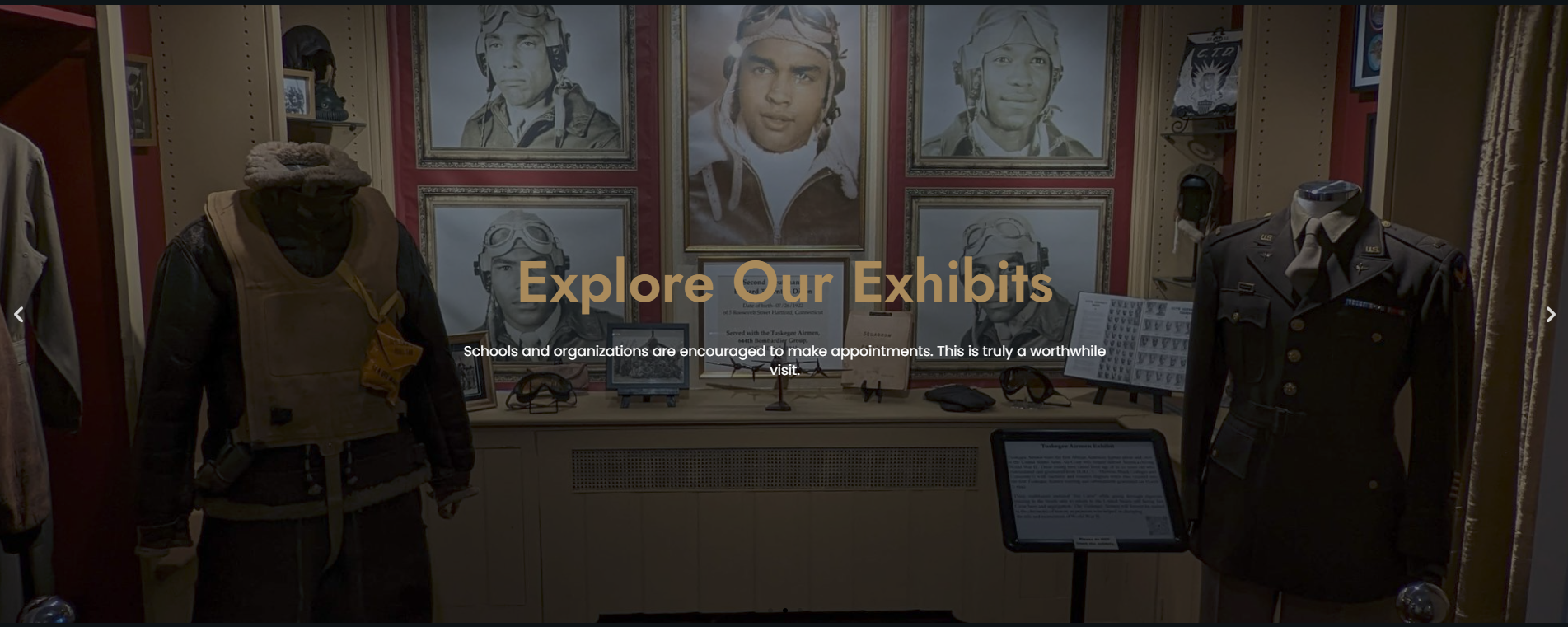 Tuskegee Airmen exhibit with uniforms and portraits